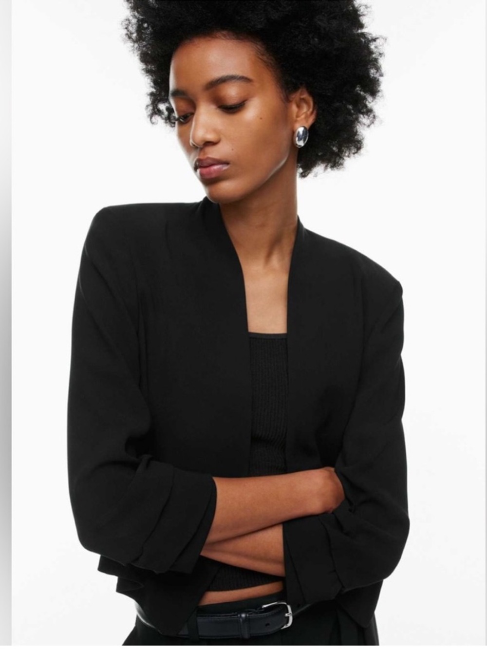 Aritzia Babaton Power Waist Open Front Blazer Black Ruched Sleeve Size 6